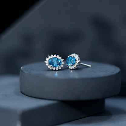 1.6 Carat Oval London Blue Topaz Stud Earrings with Diamond Halo