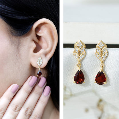 Genuine 3 Carat Garnet Teardrop Earrings with Diamond Leaf