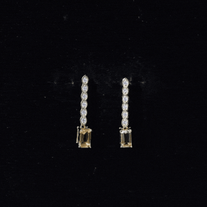 Emerald Cut Citrine and Diamond Bar Drop Earrings in Silver