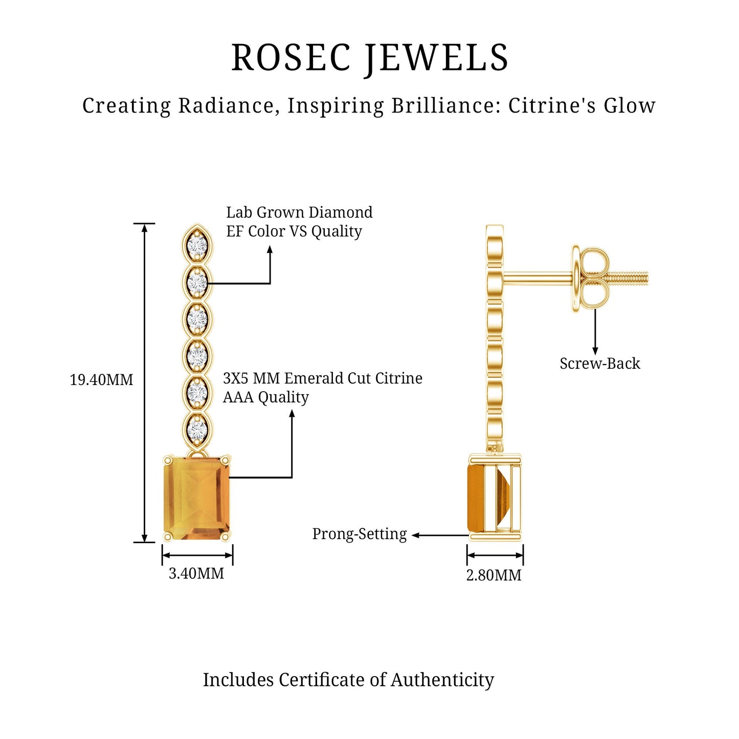 Emerald Cut Citrine and Diamond Bar Drop Earrings in Silver