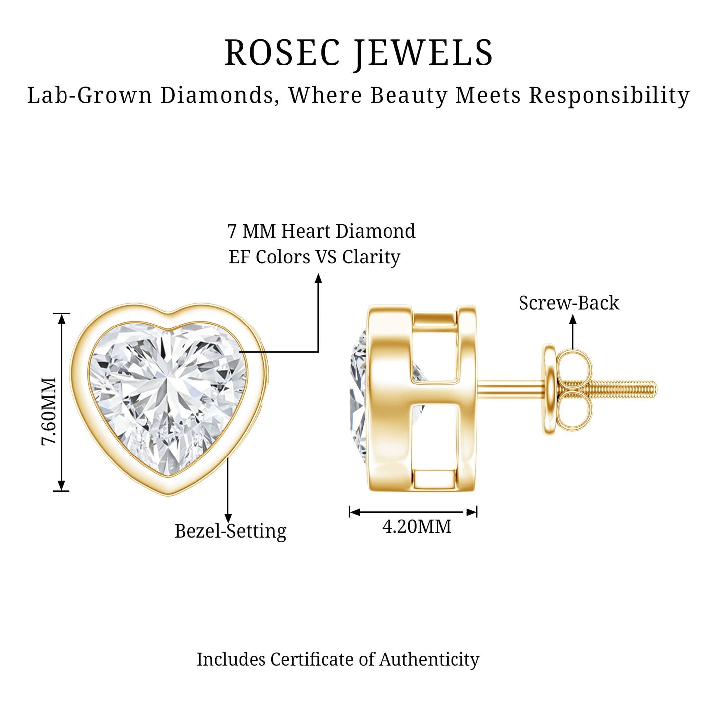 Certified Bezel Set 7mm Lab Grown Diamond Heart Earrings