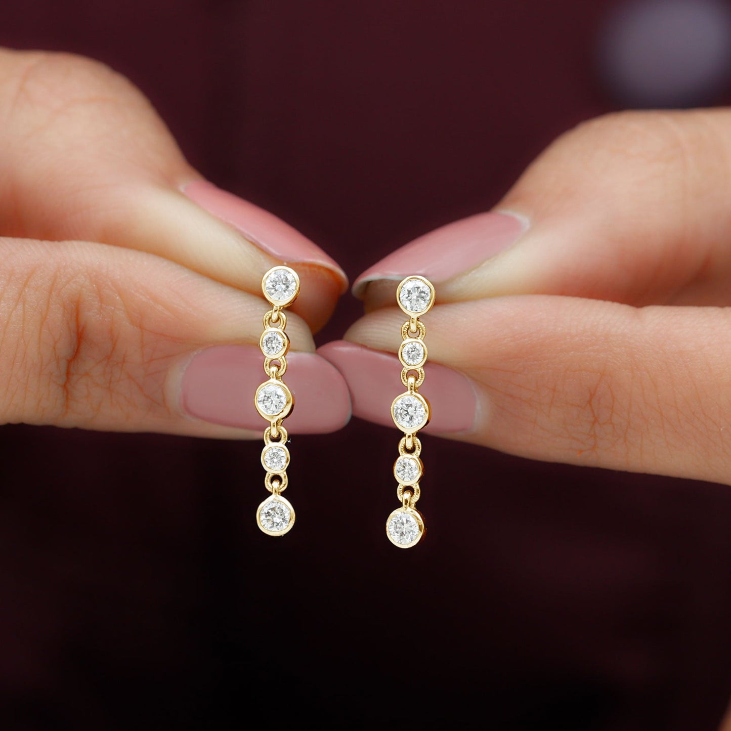 Round Cut Diamond Chain Dangle Earrings For Women