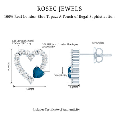 Certified London Blue Topaz and Diamond Heart Stud Earrings
