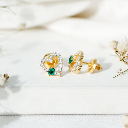Lab Grown Emerald and Diamond Heart Stud Earrings in Yellow Gold Plated Silver