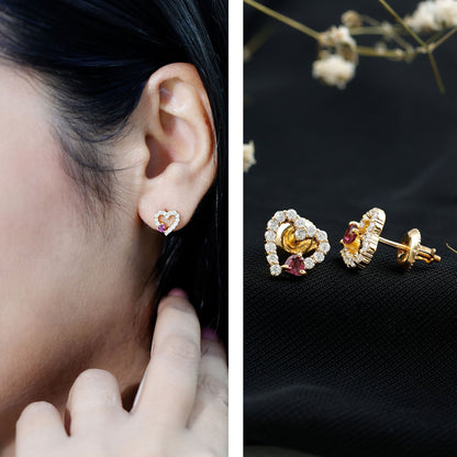 Sterling Silver Rhodolite Diamond Heart Stud Earrings