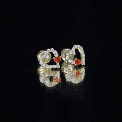 Certified Fire Opal and Diamond Heart Stud Earrings in Silver