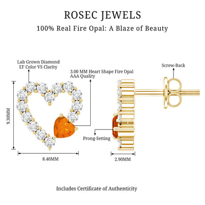 Certified Fire Opal and Diamond Heart Stud Earrings in Silver
