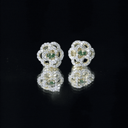 Yellow Gold Plated Silver Lab Grown Emerald Diamond Flower Stud Earrings for Women