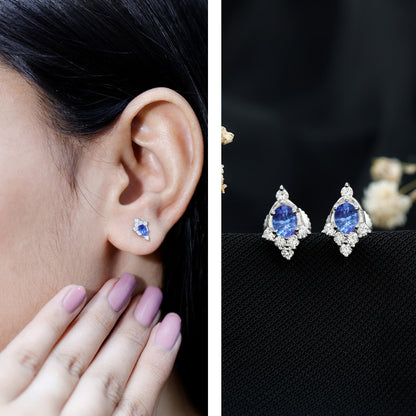 Oval Shaped Tanzanite Stud Earrings with Lab Diamond in Sterling Silver