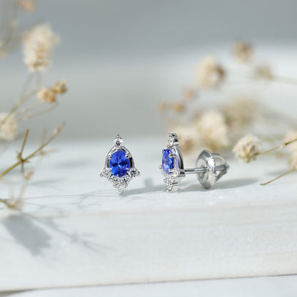 Oval Shaped Tanzanite Stud Earrings with Lab Diamond in Sterling Silver