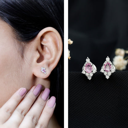 Sterling Silver Natural Pink Sapphire and Diamond Stud Earrings for Women