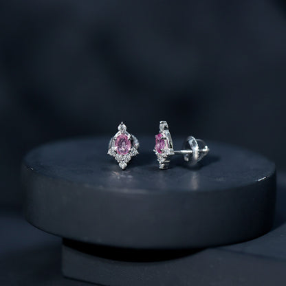 Sterling Silver Natural Pink Sapphire and Diamond Stud Earrings for Women