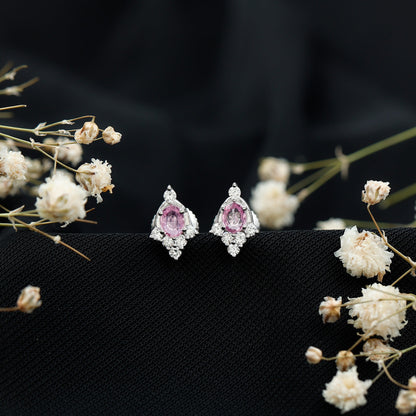 Sterling Silver Natural Pink Sapphire and Diamond Stud Earrings for Women