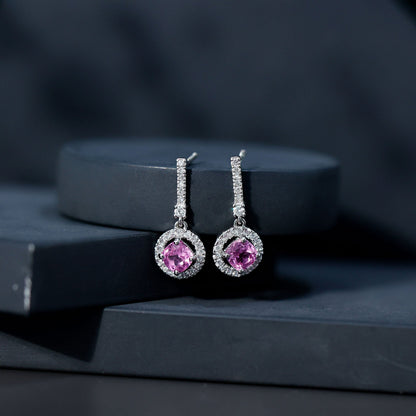 Lab Grown Pink Sapphire and Diamond Bridal Earrings in Silver