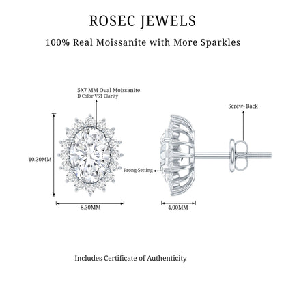 2 Carat Oval Moissanite Halo Stud Earrings In Sterling Silver