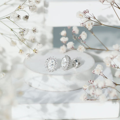 2 Carat Oval Moissanite Halo Stud Earrings In Sterling Silver