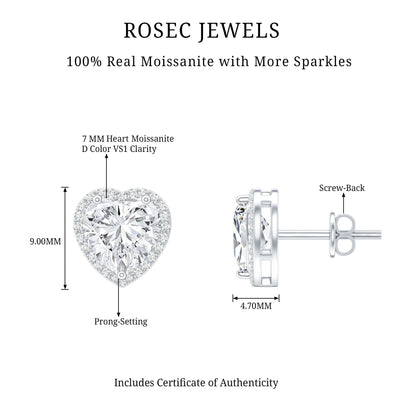 Certified 3 Carat Heart Moissanite Halo Stud Earrings