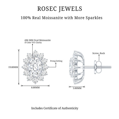 Certified Oval Shaped Moissanite Halo Stud Earrings in Silver