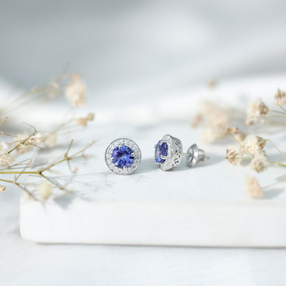 Natural 1.89 Carat Tanzanite and Diamond Stud Earrings For Women