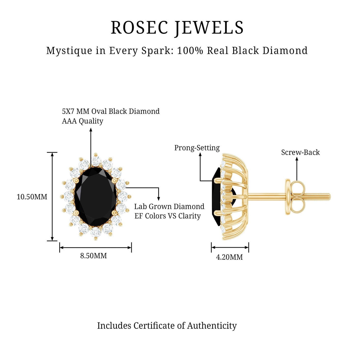 2 Carat Oval Shaped Black and White Diamond Stud Earrings in Yellow Gold Plated Silver