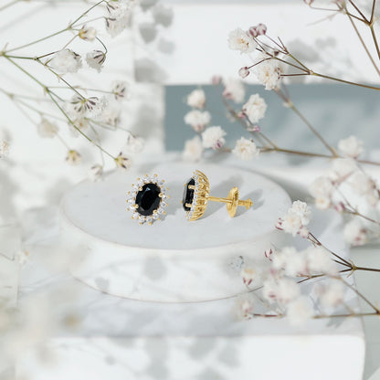 2 Carat Oval Shaped Black and White Diamond Stud Earrings in Yellow Gold Plated Silver
