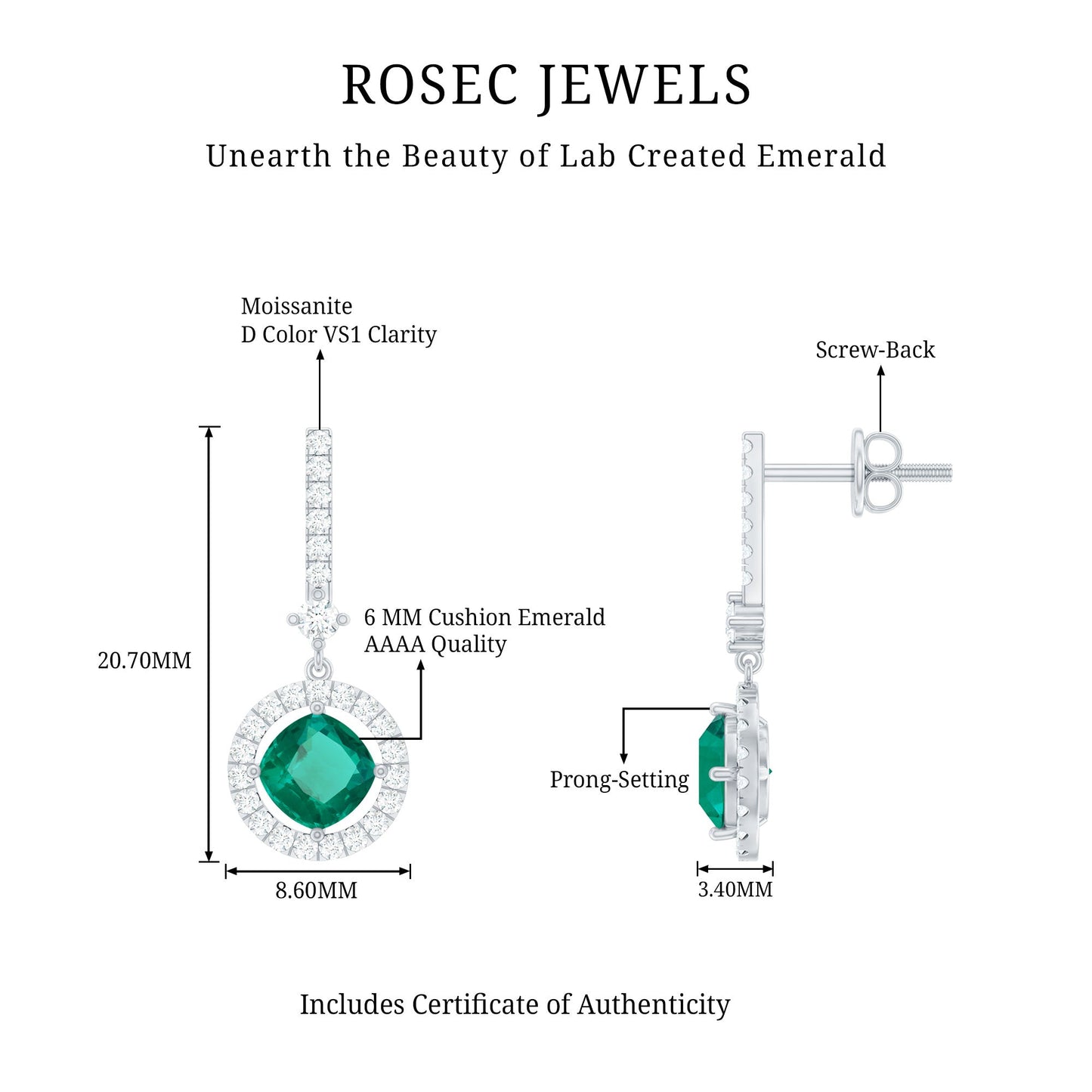 1.8 Carat Lab Grown Emerald Drop Earrings with Moissanite