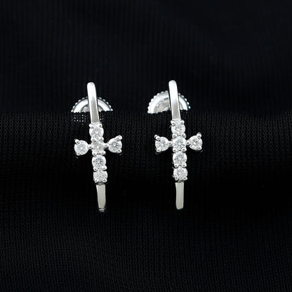 Certified Moissanite Cross Stud Earrings in 14K Gold Plated Silver