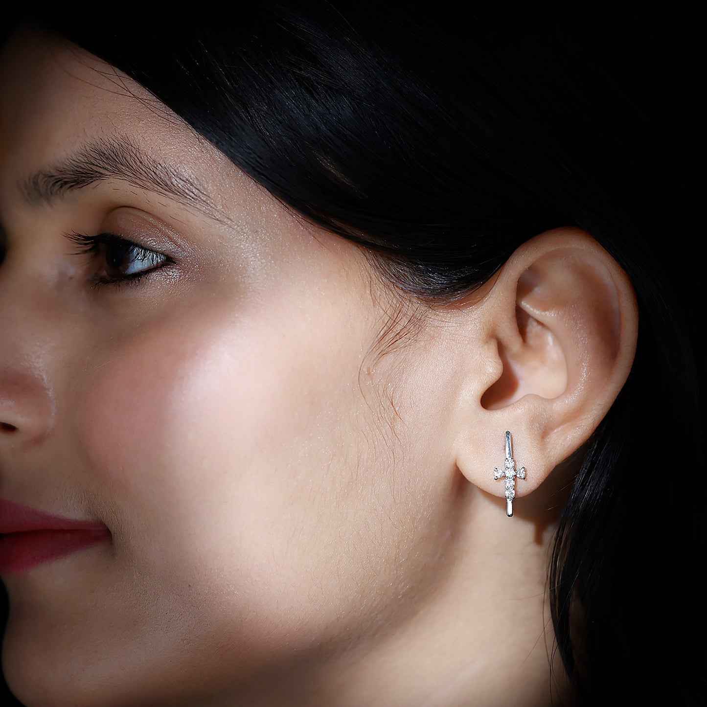 Certified Moissanite Cross Stud Earrings in 14K Gold Plated Silver
