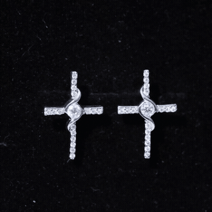 Certified Moissanite Cross Stud Earrings in Silver
