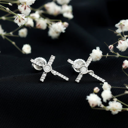 Certified Moissanite Cross Stud Earrings in Silver