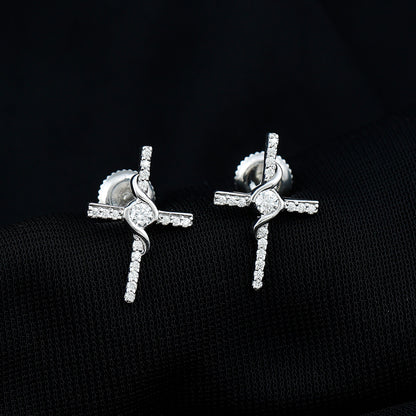 Certified Moissanite Cross Stud Earrings in Silver