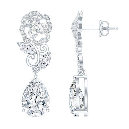 4.5 Carat Pear Shaped Moissanite Rose Flower Dangle Earrings for Wedding