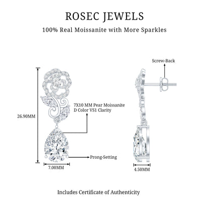 4.5 Carat Pear Shaped Moissanite Rose Flower Dangle Earrings for Wedding