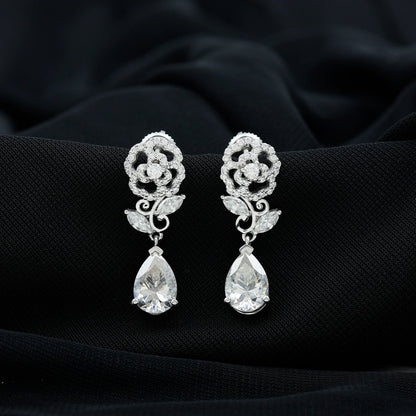 4.5 Carat Pear Shaped Moissanite Rose Flower Dangle Earrings for Wedding