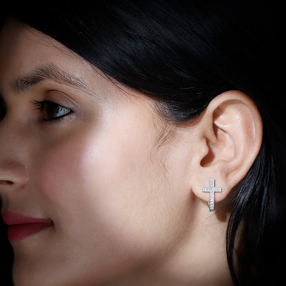 Certified Moissanite Cross J Hoop Earrings in Sterling Silver
