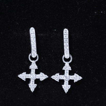 Certified Moissanite Cross Drop Earrings in Sterling Silver