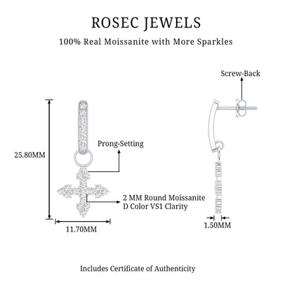 Certified Moissanite Cross Drop Earrings in Sterling Silver