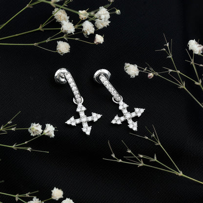 Certified Moissanite Cross Drop Earrings in Sterling Silver