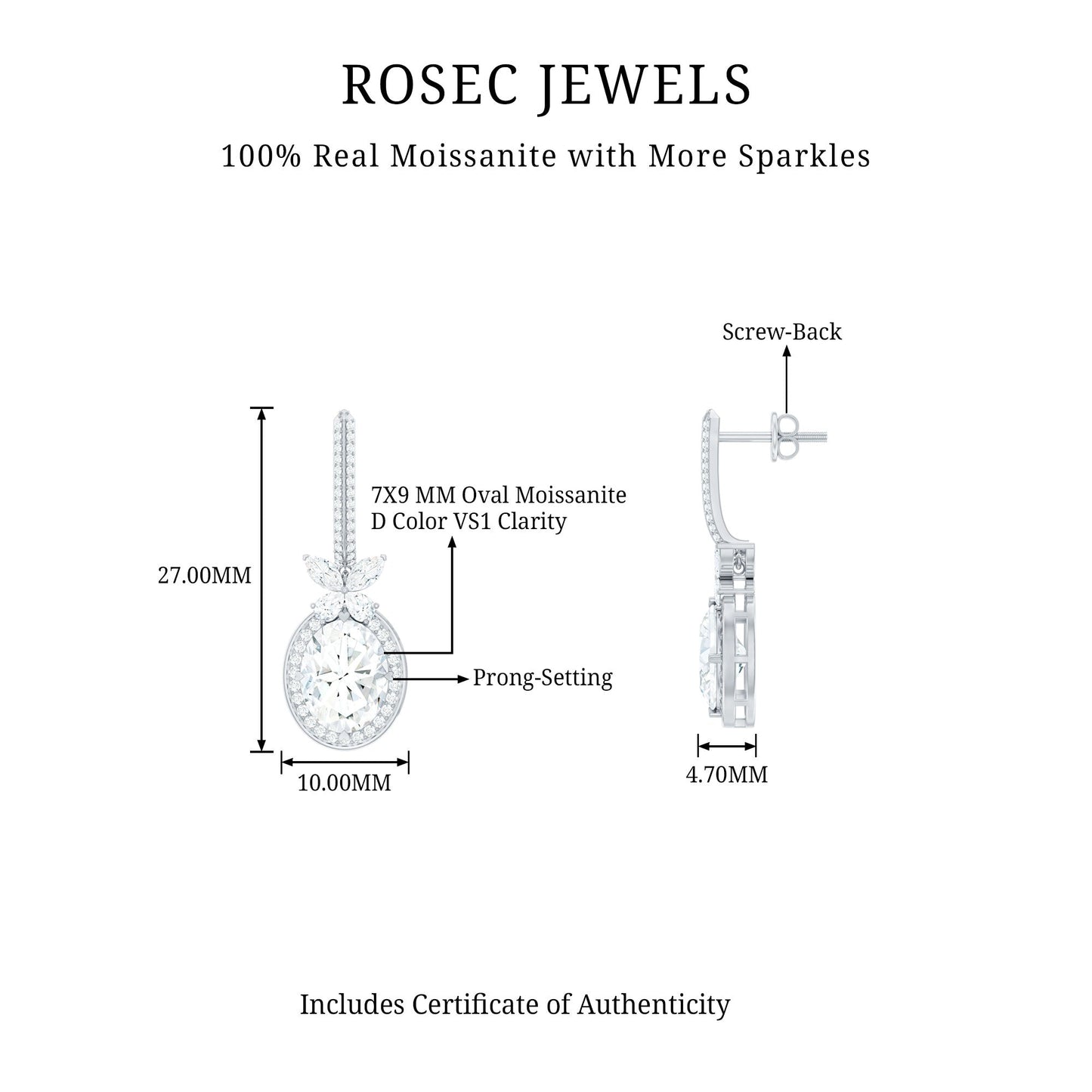 Certified 7X9 MM Oval Moissanite Wedding Drop Earrings with Screw Back