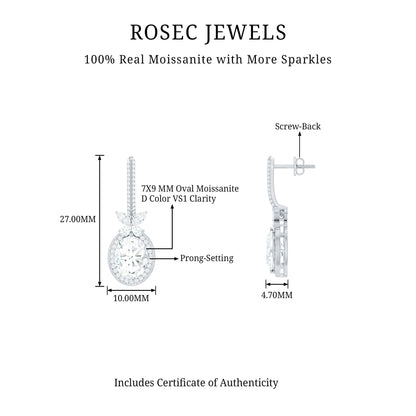Certified 7X9 MM Oval Moissanite Wedding Drop Earrings with Screw Back
