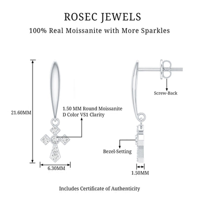 Minimalist Moissanite Cross Drop Earrings in Sterling Silver