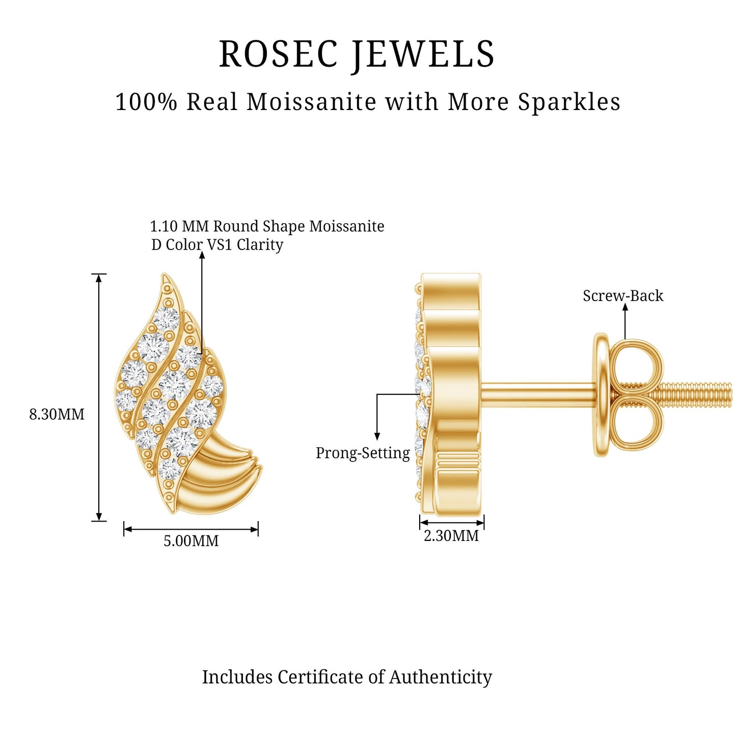 Contemporary Moissanite Leaf Stud Earrings in Silver