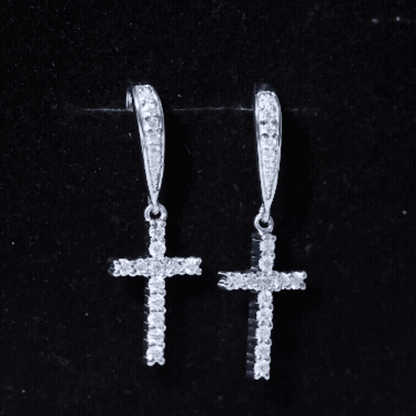 Certified Moissanite Cross Dangle Earrings in Sterling Silver