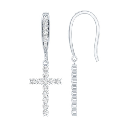 Certified Moissanite Cross Dangle Earrings in Sterling Silver