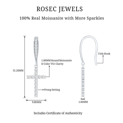 Certified Moissanite Cross Dangle Earrings in Sterling Silver