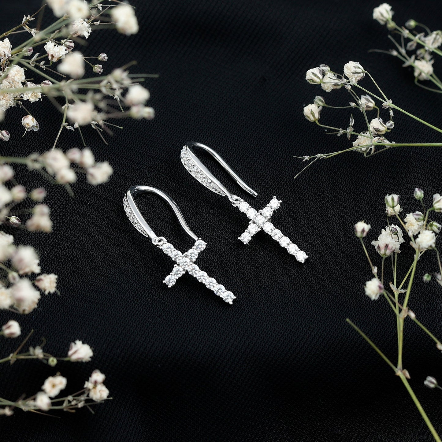 Certified Moissanite Cross Dangle Earrings in Sterling Silver
