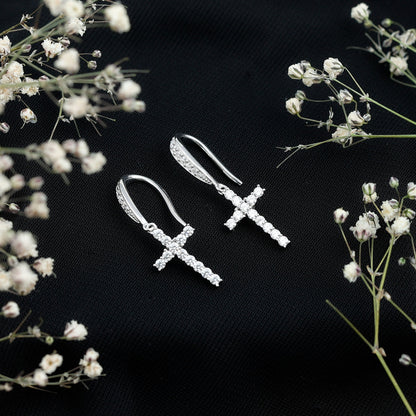 Certified Moissanite Cross Dangle Earrings in Sterling Silver
