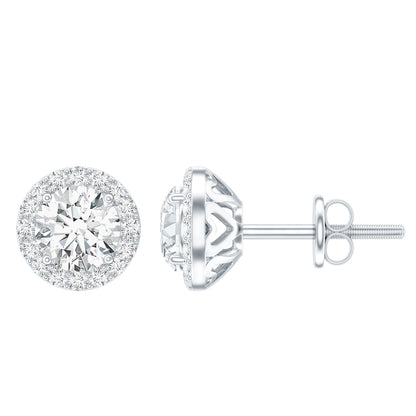 Certified 1 Carat Round Moissanite Classic Stud Earrings in Silver