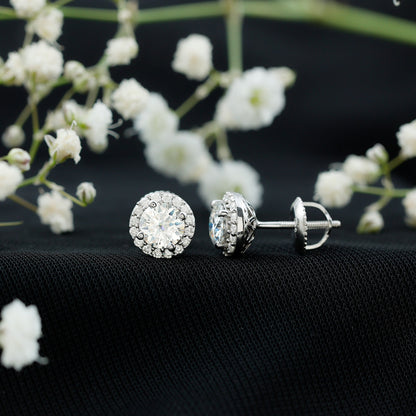 Certified 1 Carat Round Moissanite Classic Stud Earrings in Silver