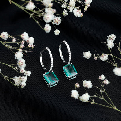 Certified 4.6 Carat Lab Created Emerald Hoop Drop Earrings in Silver